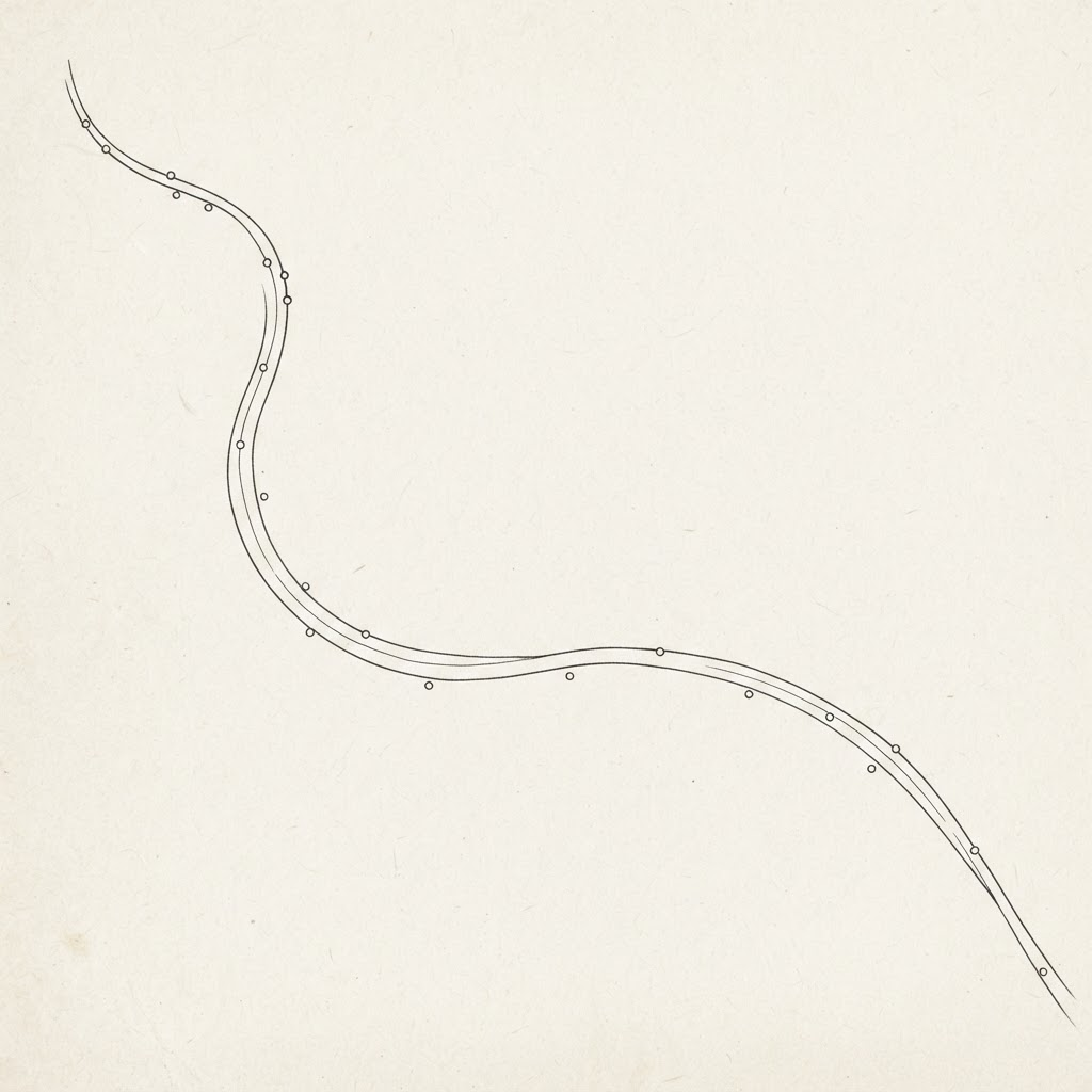 Line drawing of a curved road sweeping past small dots marking towns along it