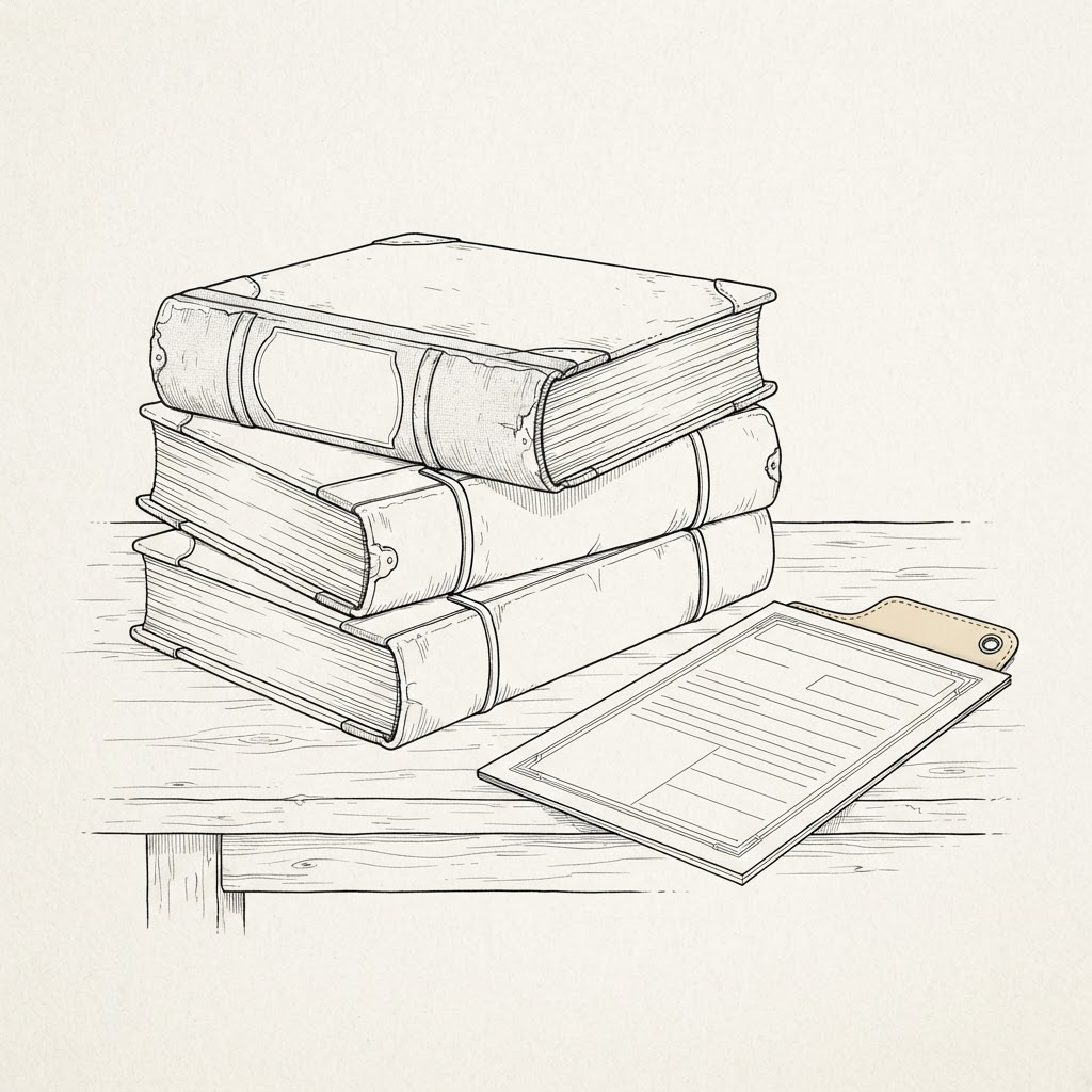 Line drawing of bound public record ledger books and a loose deed page