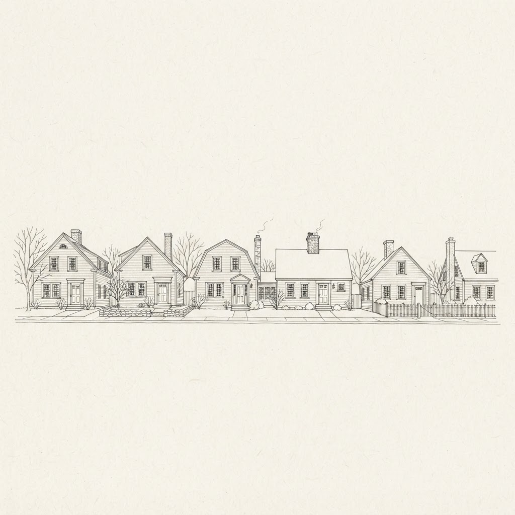Line drawing of a row of New England colonial and cape-style rooflines